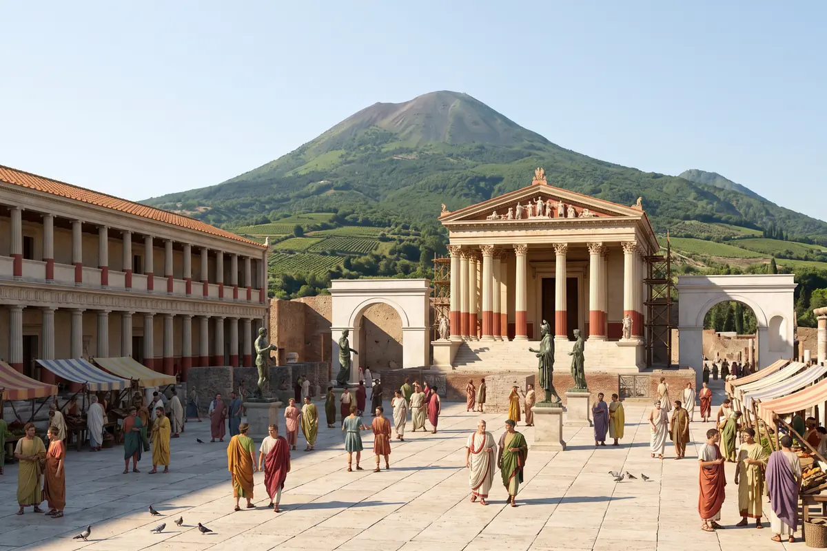 KI-Vision: das belebte Forum von Pompeji vor dem Ausbruch im Jahr 79 n. Chr., mit bemaltem Jupitertempel und grünem Vesuv